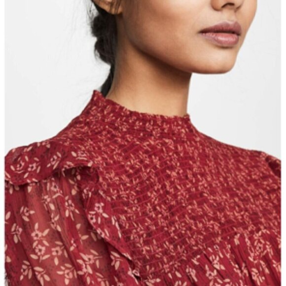 FREE PEOPLE Red Berry Roma Boho Floral Smocked Long Sleeve Blouse XS - Picture 5 of 16